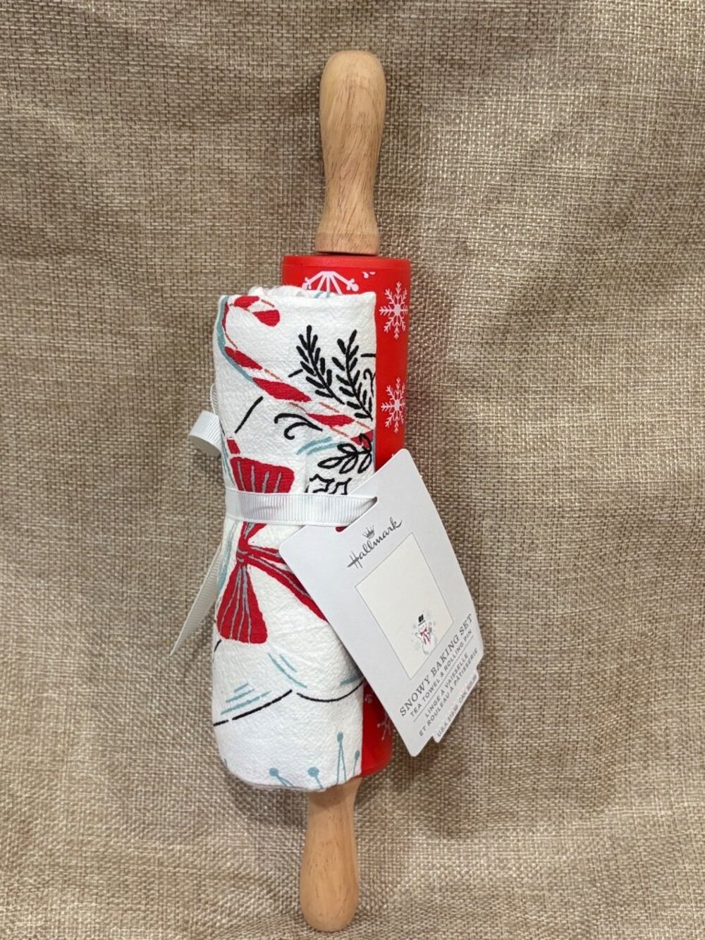 Hallmark Snowy Baking Set Tea Towel 12" Red Rolling Pin Festive Christmas Winter
